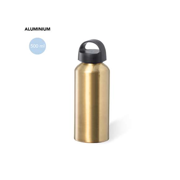 Bidón de 500 ml de capacidad, fabricado en aluminio de acabado brillo. Tapón en negro a rosca y con asa integrada, libre de BPA. Disponible en variada gama de colores y presentado en caja individual de diseño kraft.Disponible manual de instrucciones en español e inglés.
