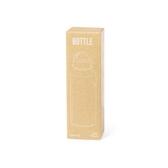 Bidón de 500 ml de capacidad, fabricado en aluminio de acabado brillo. Tapón en negro a rosca y con asa integrada, libre de BPA. Disponible en variada gama de colores y presentado en caja individual de diseño kraft.Disponible manual de instrucciones en español e inglés.