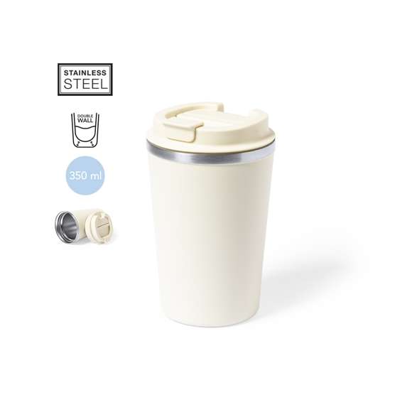 Vaso térmico de sobremesa fabricado en acero inox de doble pared y 350ml de capacidad. Con dosificador en tapa y abrefácil, libre de BPA. Disponible en variada gama de colores mate. Presentado en caja individual de diseño kraft.