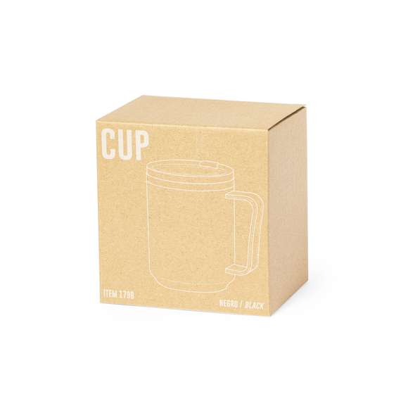 Taza térmica de sobremesa fabricada en acero inox de doble pared y 350ml de capacidad. Exterior en resistente PP, con dosificador en tapa y abrefácil. Libre de BPA. Disponible en colores mate y presentada en caja individual de diseño kraft.
