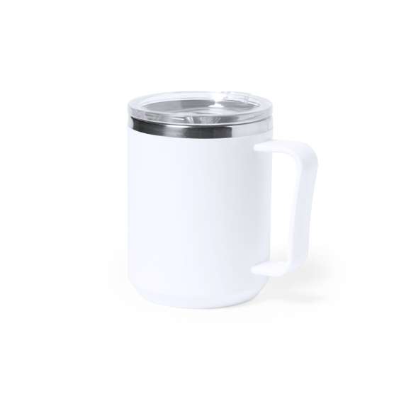Taza térmica de sobremesa fabricada en acero inox de doble pared y 350ml de capacidad. Exterior en resistente PP, con dosificador en tapa y abrefácil. Libre de BPA. Disponible en colores mate y presentada en caja individual de diseño kraft.