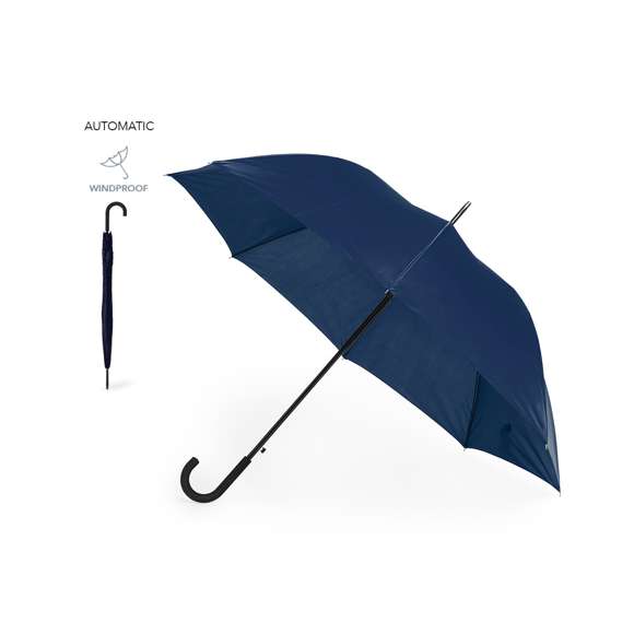 Paraguas de 8 paneles tamaño XL -130 cm diámetro-, fabricado en resistente material pongee 190T. De apertura automática y con mecanismo antiviento. Varillas de fibra en color negro, con mango curvado y cierre de velcro. Disponible en extensa gama de colores.
