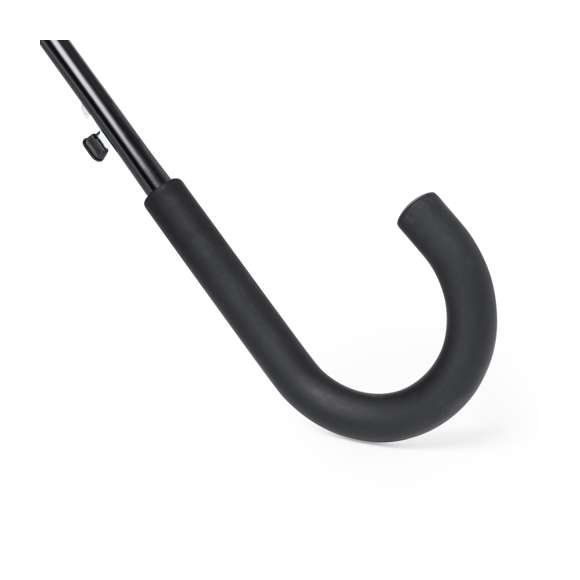 Paraguas de 8 paneles tamaño XL -130 cm diámetro-, fabricado en resistente material pongee 190T. De apertura automática y con mecanismo antiviento. Varillas de fibra en color negro, con mango curvado y cierre de velcro. Disponible en extensa gama de colores.