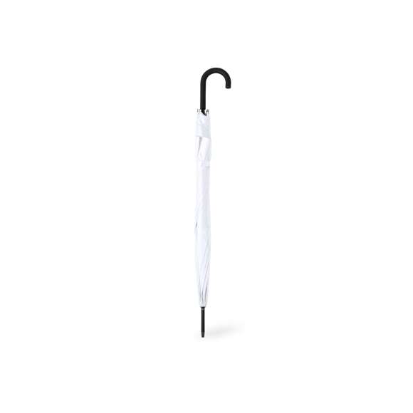 Paraguas de 8 paneles tamaño XL -130 cm diámetro-, fabricado en resistente material pongee 190T. De apertura automática y con mecanismo antiviento. Varillas de fibra en color negro, con mango curvado y cierre de velcro. Disponible en extensa gama de colores.