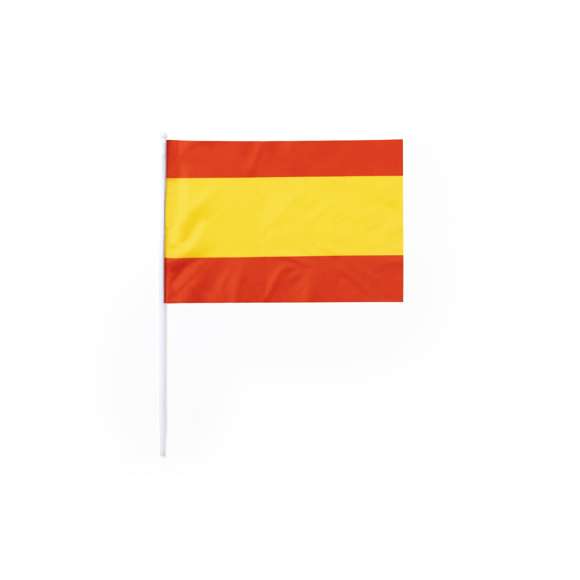 Banderín España en medida 29,5x20 cm. Fabricado resistente poliéster, con mástil blanco de 40 cm y rematado con una bola en el extremo superior.