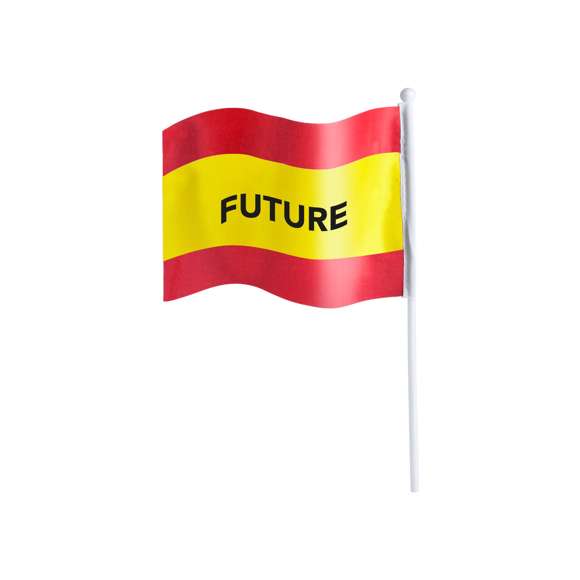 Banderín España en medida 29,5x20 cm. Fabricado resistente poliéster, con mástil blanco de 40 cm y rematado con una bola en el extremo superior.