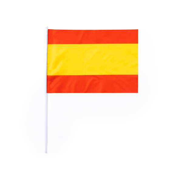 Banderín España en medida 29,5x20 cm. Fabricado resistente poliéster, con mástil blanco de 40 cm y rematado con una bola en el extremo superior.
