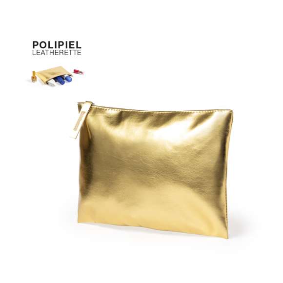 Neceser de polipiel en elegante acabado metalizado. Con cierre de cremallera y tirador a juego  disponible en colores dorado, plateado y oro rosa.