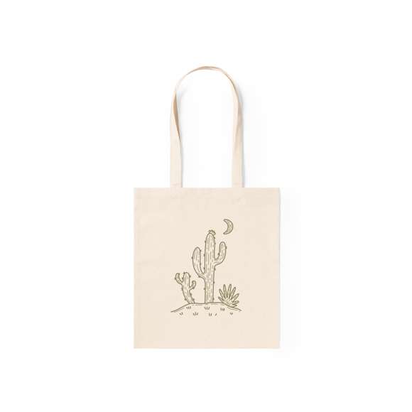 Bolsa fabricada en algodón 100%, de acabado natural y en gramaje extra de 300g/m2. De acabado cosido y asas largas reforzadas (70 x 2,5 cm). Resistencia hasta 10 kg de peso.