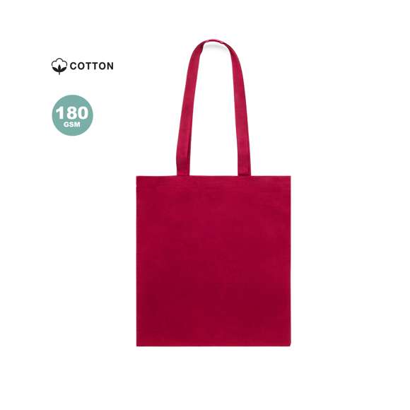 Bolsa fabricada en algodón 100% de 180g/m2. De acabado cosido y asas largas reforzadas (70 x 2,5 cm). Disponible en variada gama de colores. Resistencia hasta 10 kg de peso.