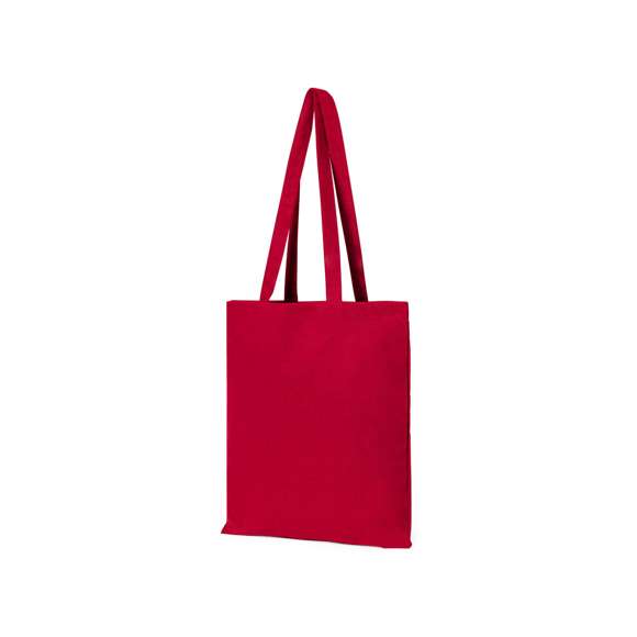 Bolsa fabricada en algodón 100% de 180g/m2. De acabado cosido y asas largas reforzadas (70 x 2,5 cm). Disponible en variada gama de colores. Resistencia hasta 10 kg de peso.