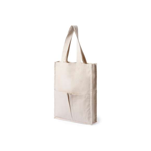 Bolsa fabricada en algodón 100%, de acabado natural y en gramaje extra de 310g/m2. Con dos bolsillos exteriores, de acabado cosido y con fuelle. Asas medianas extra anchas y reforzadas (58 x 3,5 cm). Resistencia hasta 10 kg de peso.