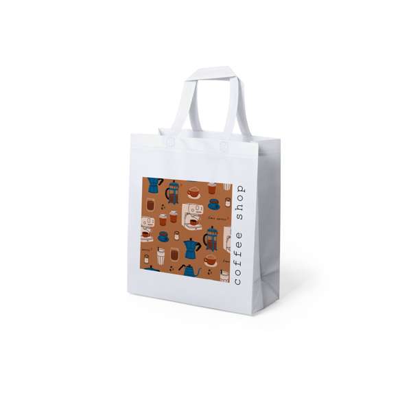 Bolsa en non-woven de 70g/m2, en color blanco y especialmente diseñada para marcaje en sublimación. De acabado termosellado, con fuelle y asas cortas reforzadas (35 x 2,5 cm). Resistencia hasta 8 kg de peso.
