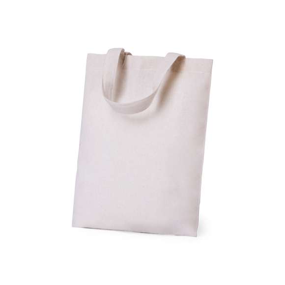 Bolsa fabricada en algodón 100%, de acabado natural y en 120g/m2. De acabado cosido y con asas cortas reforzadas (30 x 2,5cm). Resistencia hasta 5 kg de peso.