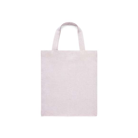 Bolsa fabricada en algodón 100%, de acabado natural y en 120g/m2. De acabado cosido y con asas cortas reforzadas (30 x 2,5cm). Resistencia hasta 5 kg de peso.