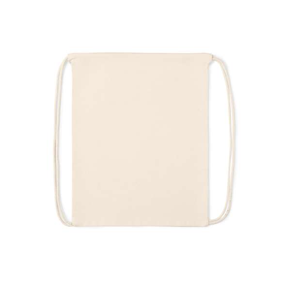 Mochila de cuerdas de línea nature fabricada en 100% algodón de 180g/m2 en acabado natural. Compartimento principal con cordones en algodón.