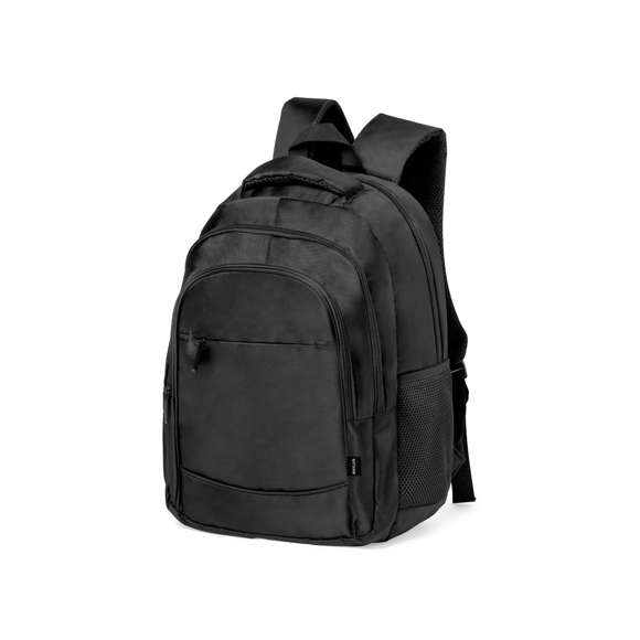 Mochila de calidad premium fabricada en RNYLON 420D. Compartimento principal con cierre de cremallera a juego y doble tirador. Incluye 3 bolsillos exteriores de cremallera y 2 bolsillos laterales de redecilla. Acolchado en asa, parte trasera y cintas para hombros, que además son ajustables. Interior con compartimento acolchado para ordenador portátil de hasta 15 pulgadas y accesorio en espalda para ajuste en trolley. Disponible en variada gama de colores, con distintivo reciclado en etiqueta exterior.El material RNYLON se elabora a partir de plástico reciclado, para así fomentar la reutilización de residuos plásticos y ayudar a la sostenibilidad del planeta.
