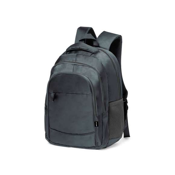 Mochila de calidad premium fabricada en RNYLON 420D. Compartimento principal con cierre de cremallera a juego y doble tirador. Incluye 3 bolsillos exteriores de cremallera y 2 bolsillos laterales de redecilla. Acolchado en asa, parte trasera y cintas para hombros, que además son ajustables. Interior con compartimento acolchado para ordenador portátil de hasta 15 pulgadas y accesorio en espalda para ajuste en trolley. Disponible en variada gama de colores, con distintivo reciclado en etiqueta exterior.El material RNYLON se elabora a partir de plástico reciclado, para así fomentar la reutilización de residuos plásticos y ayudar a la sostenibilidad del planeta.