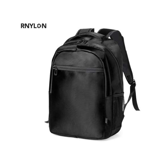 Mochila de alta calidad fabricada en RNYLON 420D. Compartimento principal con cierre de cremallera a juego y doble tirador. Incluye bolsillo exterior de cremallera y 2 bolsillos laterales de redecilla. Acolchado en asa, parte trasera y cintas para hombros, estas últimas ajustables. Interior con compartimento acolchado para ordenador portátil de hasta 15 pulgadas y accesorio en espalda para ajuste en trolley. Disponible en variada gama de colores, con distintivo reciclado en etiqueta exterior.El material RNYLON se elabora a partir de plástico reciclado, para así fomentar la reutilización de residuos plásticos y ayudar a la sostenibilidad del planeta.
