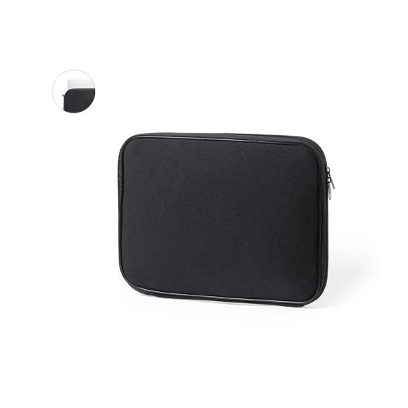 Funda para ordenador portátil, fabricada en resistente soft shell. En elegante color negro, con interior acolchado. Cierre de cremallera a juego con doble tirador. Para ordenador portátil o tablet de hasta 13 pulgadas.