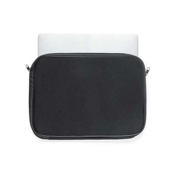 Funda para ordenador portátil, fabricada en resistente soft shell. En elegante color negro, con interior acolchado. Cierre de cremallera a juego con doble tirador. Para ordenador portátil o tablet de hasta 13 pulgadas.