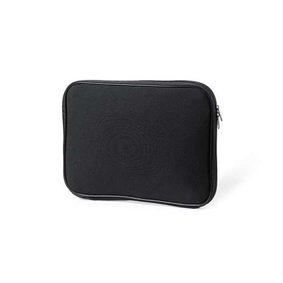 Funda para ordenador portátil, fabricada en resistente soft shell. En elegante color negro, con interior acolchado. Cierre de cremallera a juego con doble tirador. Para ordenador portátil o tablet de hasta 15 pulgadas.