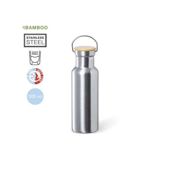 Bidón térmico de 500 ml de capacidad, fabricado en acero inox de doble pared y acabado mate. Incluye original tapón a rosca en acero inox, con detalle de bambú y asa integrada. Libre de BPA y presentado en caja individual de diseño kraft.
