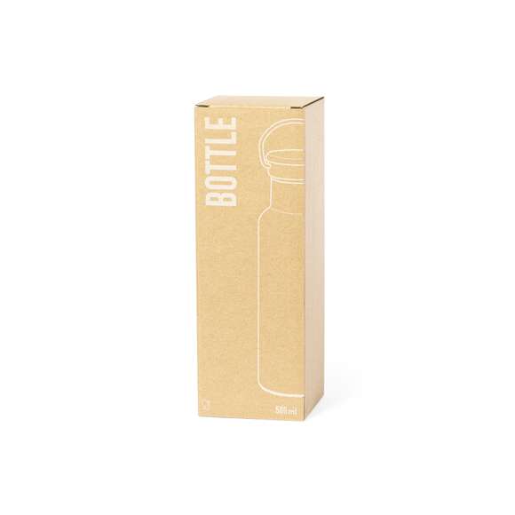 Bidón térmico de 500 ml de capacidad, fabricado en acero inox de doble pared y acabado mate. Incluye original tapón a rosca en acero inox, con detalle de bambú y asa integrada. Libre de BPA y presentado en caja individual de diseño kraft.