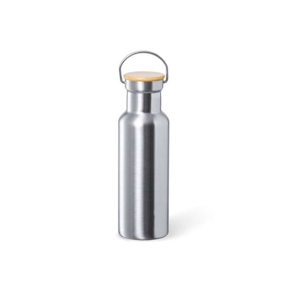 Bidón térmico de 500 ml de capacidad, fabricado en acero inox de doble pared y acabado mate. Incluye original tapón a rosca en acero inox, con detalle de bambú y asa integrada. Libre de BPA y presentado en caja individual de diseño kraft.