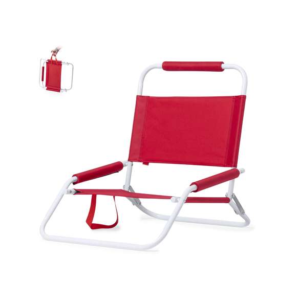Silla plegable ligera y resistente, con estructura metálica lacada en color blanco. Respaldo y asiento en poliéster 600D, con acolchado en espuma a juego en reposabrazos y reposacabezas. Con asa de transporte a juego y disponible en variada gama de colores.