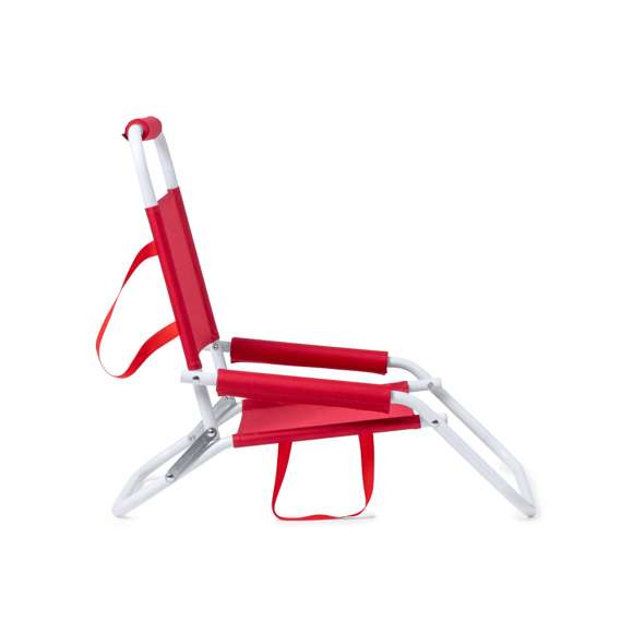 Silla plegable ligera y resistente, con estructura metálica lacada en color blanco. Respaldo y asiento en poliéster 600D, con acolchado en espuma a juego en reposabrazos y reposacabezas. Con asa de transporte a juego y disponible en variada gama de colores.