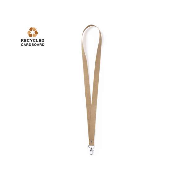 Lanyard de línea nature fabricado en resistente cartón reciclado. Con mosquetón metálico giratorio.