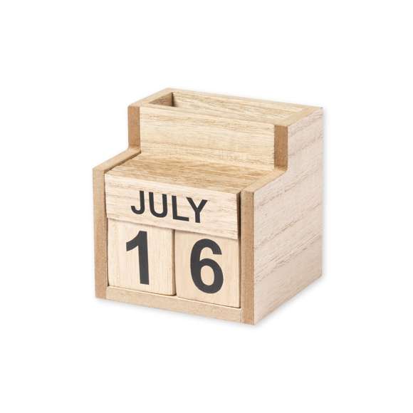 Lapicero calendario perpetuo de línea nature: ya no es necesario cambiar de calendario cada año, con el beneficio al medio ambiente que esto supone. Fabricado en MDF, con tipografía de fácil lectura. Presentado en caja individual de diseño kraft.