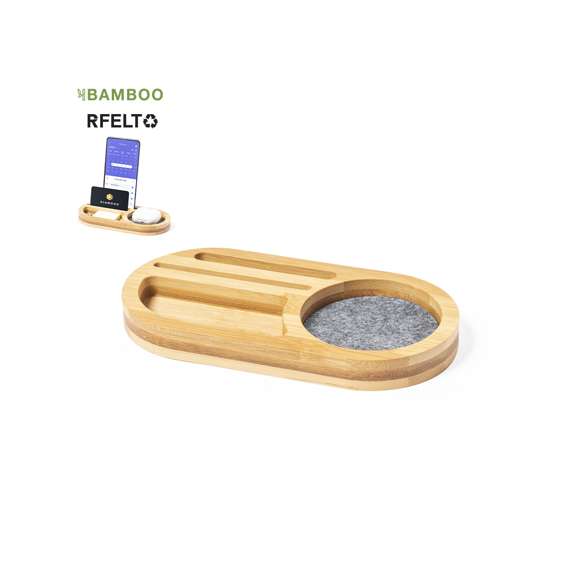  	Organizador de línea nature fabricado en bambú en combinación con fieltro RPET. Con función soporte para smartphone, varios compartimentos extra para objetos y amplia superficie de marcaje. Con distintivo fieltro RPET y presentado en caja individual de diseño kraft. 	 	El fieltro RPET reciclado es fruto de la combinación del proceso de reciclaje de materiales plásticos junto con la técnica milenaria de fabricación del fieltro, dando como resultado un material de eco-tendencia que, además de ser de origen reciclado, también se convierte en reciclable.