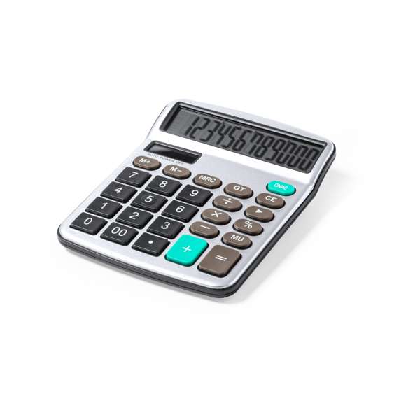 Calculadora de 12 dígitos fabricada en resistente aluminio y ABS, con teclas de tacto suave. Funcionamiento dual con energía solar y alimentación auxiliar con pila de botón (incluida, con film protector). Pantalla LCD y mecanismo de apagado automático. Presentada en caja individual de diseño kraft.