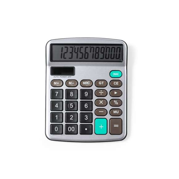 Calculadora de 12 dígitos fabricada en resistente aluminio y ABS, con teclas de tacto suave. Funcionamiento dual con energía solar y alimentación auxiliar con pila de botón (incluida, con film protector). Pantalla LCD y mecanismo de apagado automático. Presentada en caja individual de diseño kraft.