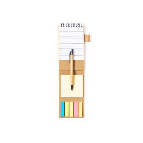 Bloc de notas de línea nature convertible en soporte para smartphone y fabricado en cartón reciclado. Incluye: Bloc de anillas de 30 hojas blancas, con disposición a una raya y soporte para bolígrafo. Bolígrafo en cartón reciclado con detalles en negro, de mecanismo pulsador y en tinta azul.25 notas adhesivas medianas.125 mininotas adhesivas en varios colores.