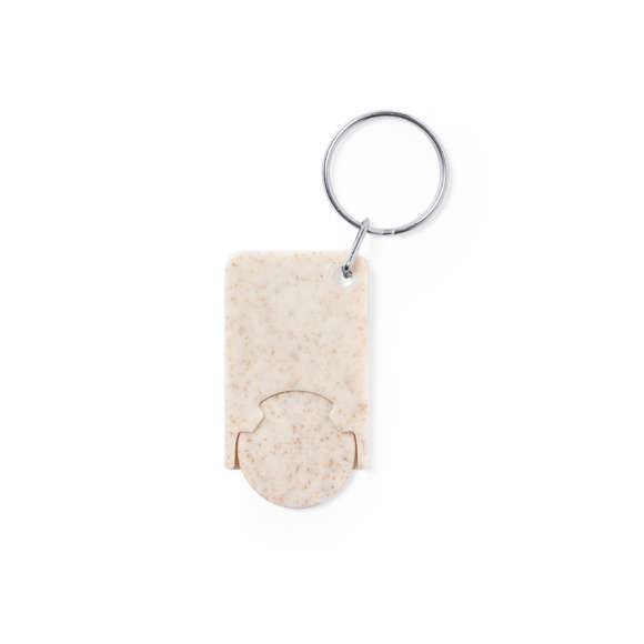 Llavero moneda de línea nature fabricado en caña de trigo. Con moneda extraíble y anilla metálica cromada.La caña de trigo fomenta la utilización de materias primas naturales, reduciendo así las emisiones contaminantes.