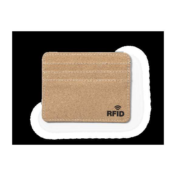 Elegante tarjetero fabricado en corcho natural. Con 6 compartimentos independientes para tarjetas y tecnología de seguridad RFID (Identificación por Radio Frecuencia) que mantiene seguros tus dispositivos de transmisión de identidad. Distintivo RFID en el exterior.