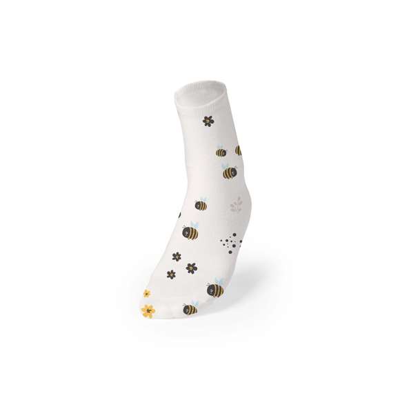 Par de calcetines fabricados en poliéster blanco y especialmente diseñados para marcaje en sublimación. En talla L-XL.