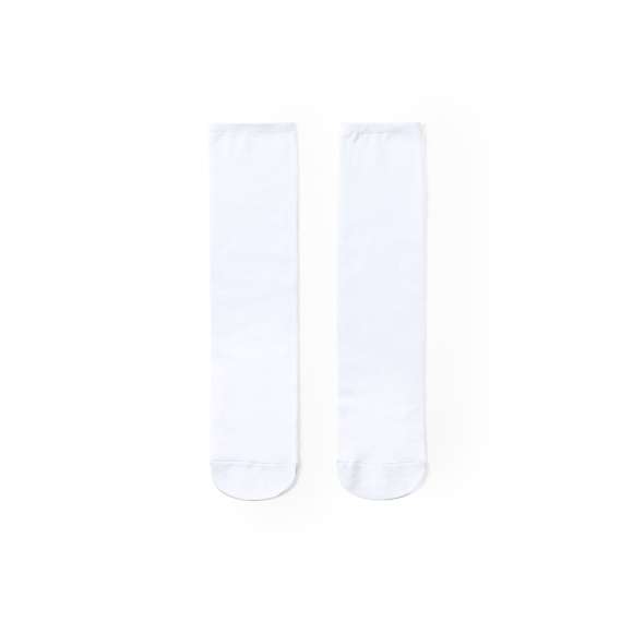 Par de calcetines fabricados en poliéster blanco y especialmente diseñados para marcaje en sublimación. En talla L-XL.