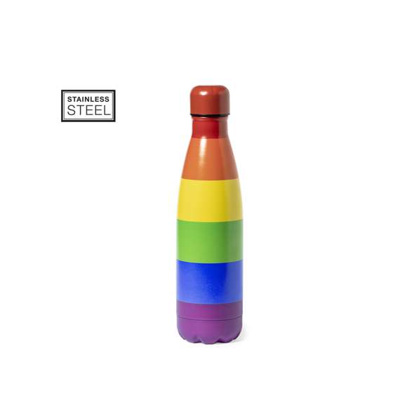 Bidón Rainbow de 790 ml de capacidad, fabricado en acero inox multicolor. Todo un orgullo de bidón, con tapón a rosca y libre de BPA. Presentado en caja individual de diseño kraft.