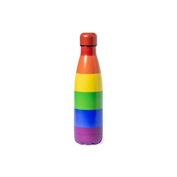 Bidón Rainbow de 790 ml de capacidad, fabricado en acero inox multicolor. Todo un orgullo de bidón, con tapón a rosca y libre de BPA. Presentado en caja individual de diseño kraft.