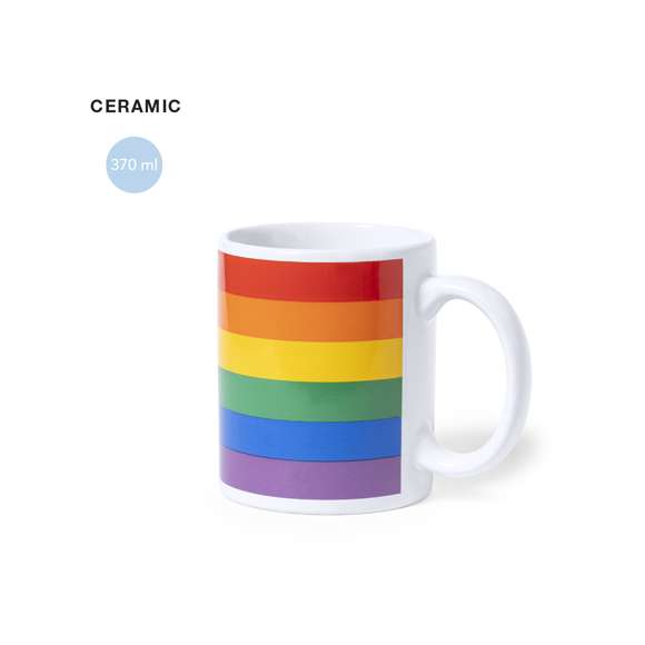 Taza Rainbow de 370 ml de capacidad, fabricada en cerámica y con diseño multicolor. Todo un orgullo de taza, presentada en caja individual kraft.