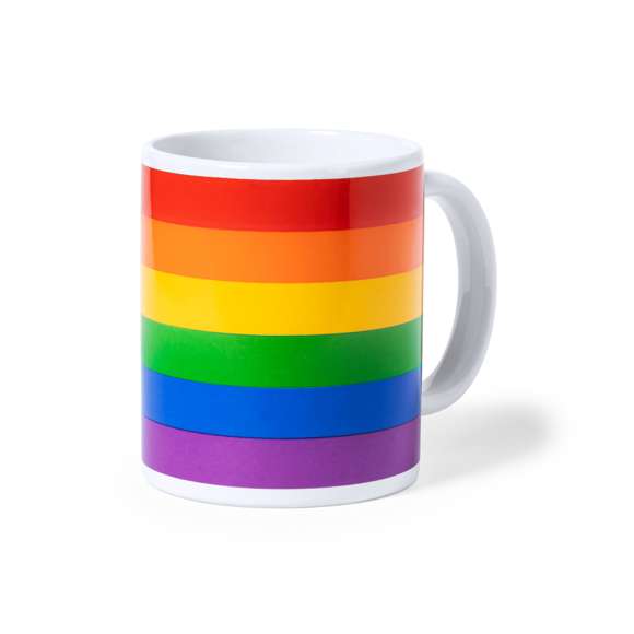 Taza Rainbow de 370 ml de capacidad, fabricada en cerámica y con diseño multicolor. Todo un orgullo de taza, presentada en caja individual kraft.