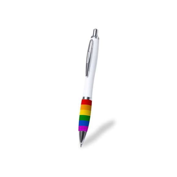 Bolígrafo Rainbow, con empuñadura multicolor y cuerpo en acabado blanco. De mecanismo pulsador, con clip metálico y accesorios cromados. Todo un orgullo de bolígrafo, en tinta azul.