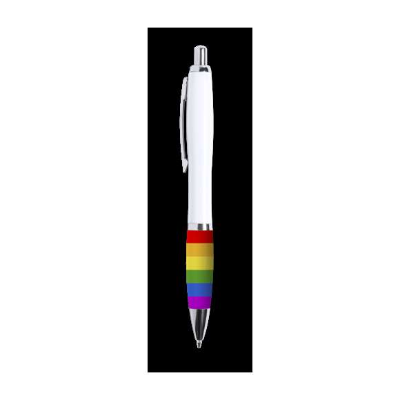 Bolígrafo Rainbow, con empuñadura multicolor y cuerpo en acabado blanco. De mecanismo pulsador, con clip metálico y accesorios cromados. Todo un orgullo de bolígrafo, en tinta azul.