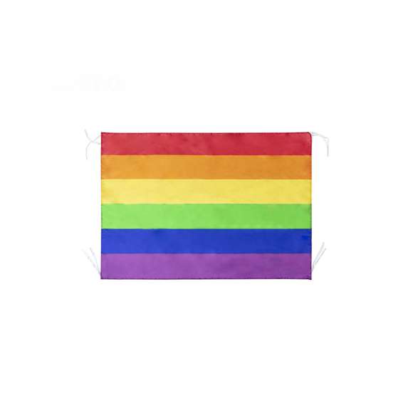 Bandera Rainbow con tela multicolor en resistente poliéster y cintas de sujeción. Todo un orgullo de bandera.