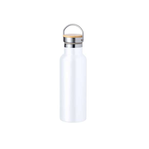 Bidón térmico de 500 ml de capacidad, fabricado en acero inox de doble pared. Incluye original tapón a rosca en acero inox, con detalle de bambú y asa integrada. Disponible en variada gama de colores y presentado en caja individual de diseño kraft.