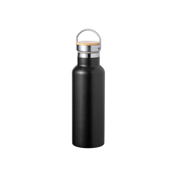 Bidón térmico de 500 ml de capacidad, fabricado en acero inox de doble pared. Incluye original tapón a rosca en acero inox, con detalle de bambú y asa integrada. Disponible en variada gama de colores y presentado en caja individual de diseño kraft.